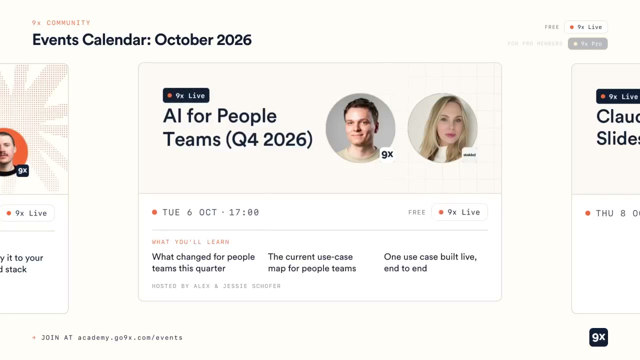 A frame at 15 seconds from Kantjas's 60-second Claude Motion animation. The card for the October 6 event 'AI for People Teams (Q4 2026)' shows the date and time, a free label, three lines on what you'll learn, and a photo of the host