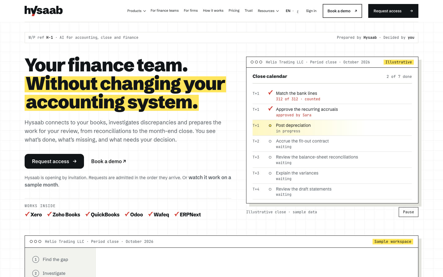 Hysaabのホームページのファーストビュー。「Your finance team. Without changing your accounting system.」という見出しの下にRequest accessボタンとBook a demoリンク、Xero・Zoho Books・QuickBooks・Odoo・Wafeq・ERPNextの連携サービスの帯、右側に月次決算カレンダーのパネル