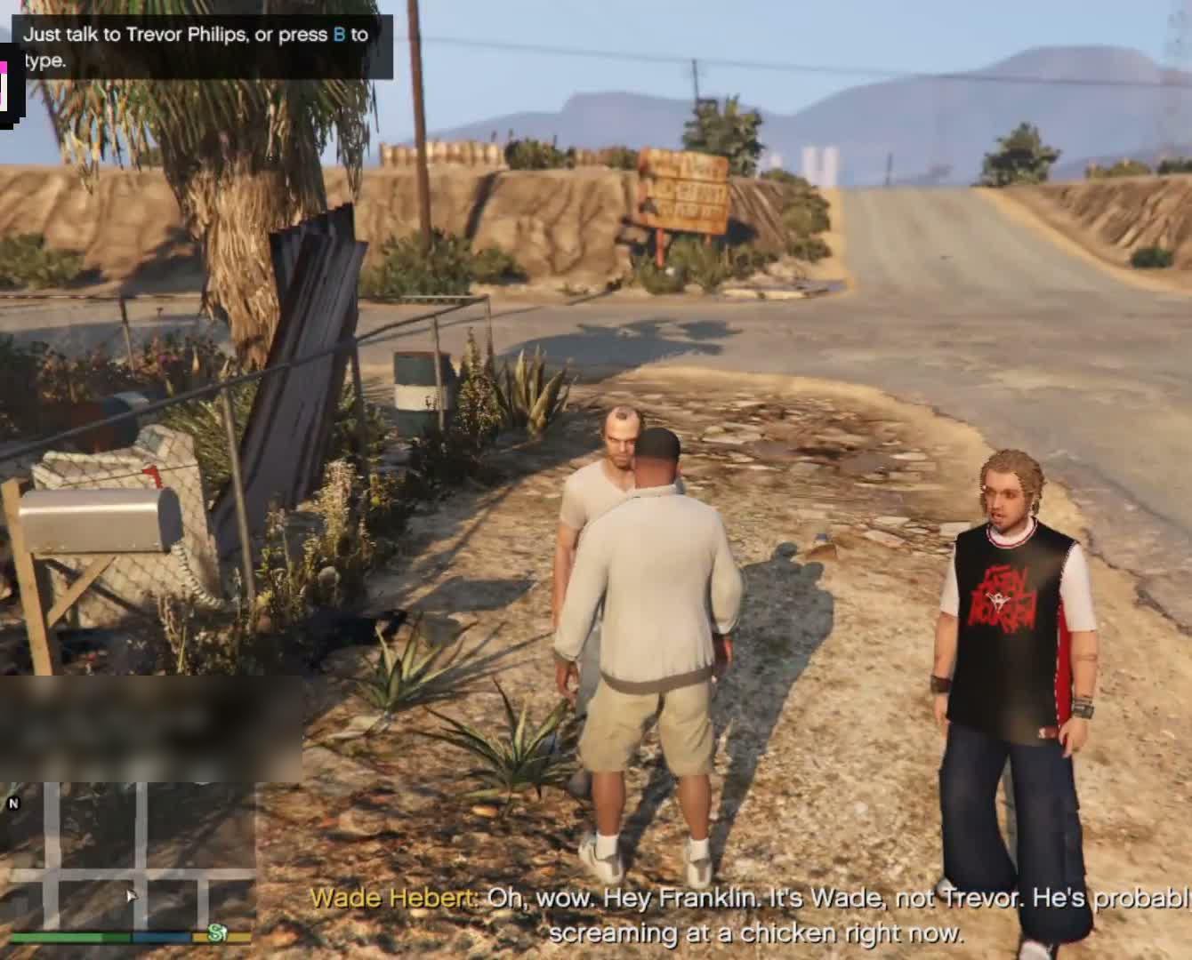 NPCTalk demo in GTA V: the player calls Wade 'Trevor,' and Wade corrects the name right away