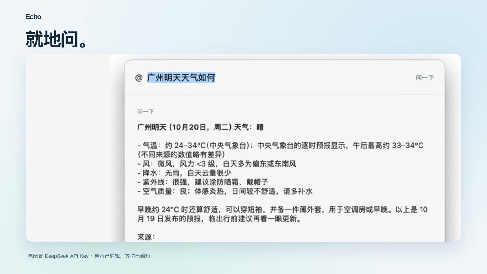 A frame from the promo video for the Mac clipboard app Echo: a question typed into the input box gets an instant answer